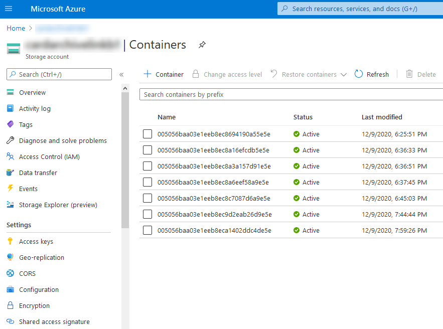 Azure Storage Account showing SAP document containers created by the CaRD Connector