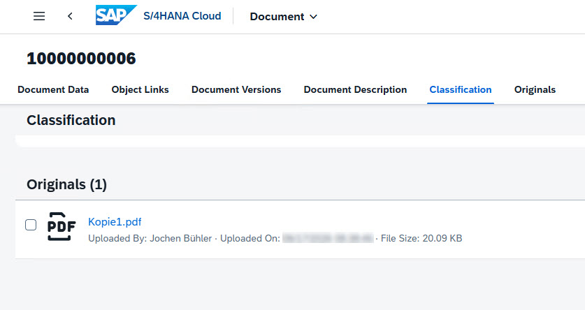 SAP S/4HANA Cloud Document app showing an original PDF stored by the CaRD Connector in Azure Blob Storage